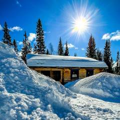 Klarblauer Himmel bei strahlendem Sonnenschein nach dem Schneesturm im März. Ferienhaus Ull in Schweden.